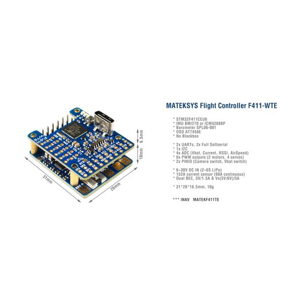 Полетный контроллер (FC) MATEKSYS F411-WTE (F411-WTE/HP024.0093) 100336567 фото